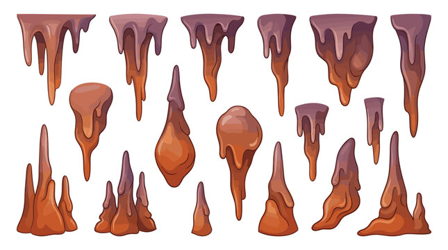 Cave Stalactite and Stalagmite Illustration Set with Dripping Rock Formations and Underground Fantasy Cave Designs.