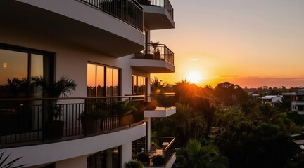 Naklejka premium Modern apartment balconies overlook lush trees at sunset. Golden sun rays filter through green foliage. City buildings visible in distance. Peaceful evening ambiance.