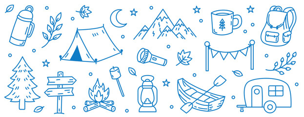 Flat outline vector set of camping and outdoor adventure elements including tent, mountains, backpack, canoe, campfire and lantern. Perfect for hiking, tourism and nature themed designs. © Alina Pear