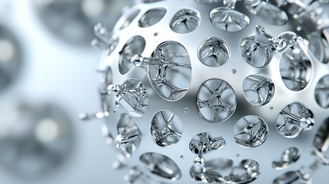 Microscopic metallic spheres assemble into a complex chrome lattice, evoking molecular nanotechnology, biotech research, and futuristic interconnected scientific systems and data networks