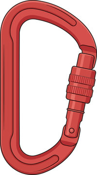 Flat vector illustration of a red locking carabiner clip. Clean technical graphic of climbing safety hardware, ideal for outdoor adventure sports, mountaineering gear catalogs, and rigging designs.