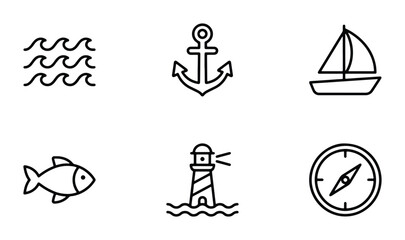 Nautical Icons Set: Simple Line Art for Marine and Travel Themes, Including Anchor, Sailboat, Lighthouse, Fish, Compass, and Waves © Abdullah