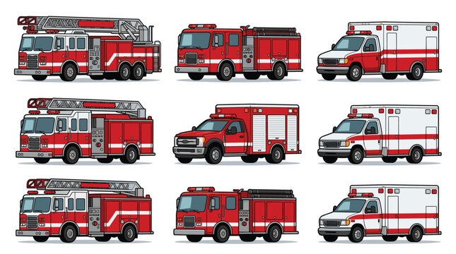 Emergency Vehicle Illustration Set with Fire Trucks, Ambulances, Rescue Transport, and Public Safety Service Designs.