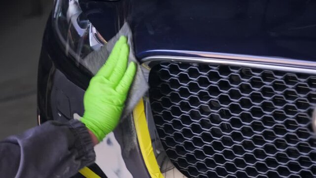 Auto technician wiping prepared car bumper close-up with microfiber cloth in repair garage, cleaning repaired surface before primer application and repainting.