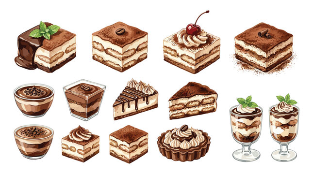 Tiramisu Dessert Illustration Set with Italian Coffee Cake, Cream Pastries, and Chocolate Sweet Treat Designs.
