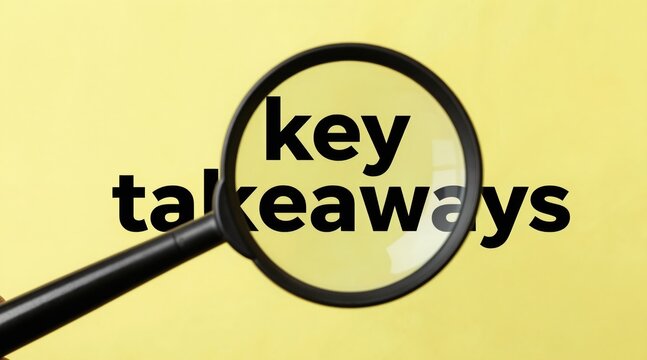 Magnifying glass enlarges text saying key takeaways. Focus on important information and analysis. Get main points from data or document. Clear understanding of findings.