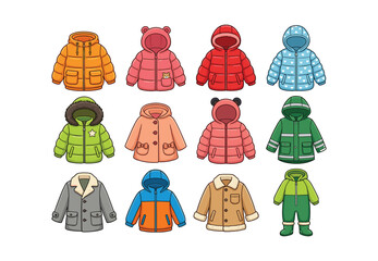Kids Winter Jacket Illustration Set with Colorful Hooded Coats, Parkas, and Warm Children Outerwear Designs. © Mahamuda Studio 