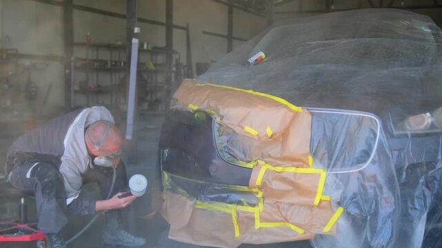 Professional auto body worker applying transparent lacquer on freshly painted car bumper during vehicle refinishing, collision repair in repair workshop. worker spraying protective clear coat on car