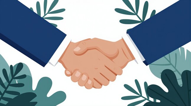 Two people shake hands affirming a deal, signifying partnership and agreement. Blue suits and green leaves frame this gesture of collaboration and mutual trust in business.