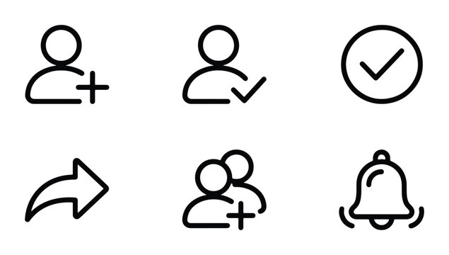 User Interface Icons Set: Add Person, Verified User, Task Complete, Share Arrow, Group Add, Notification Bell, Vector Graphics for Web and App Design