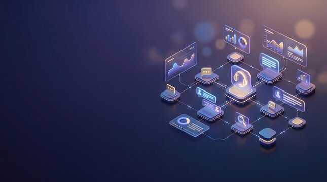 Futuristic digital interface showcasing interconnected customer service icons data analytics charts and communication symbols representing seamless online support and digital transformation in a neon