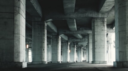 Fototapeta premium Concrete pillars and elevated road structure creating a powerful geometric composition and displaying urban architecture with impactful shadows and light