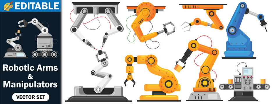 Industrial Robotic Arms and Manipulators Vector Set: Automated Assembly Line Icons, Factory Automation Tools, and Smart Manufacturing Hardware