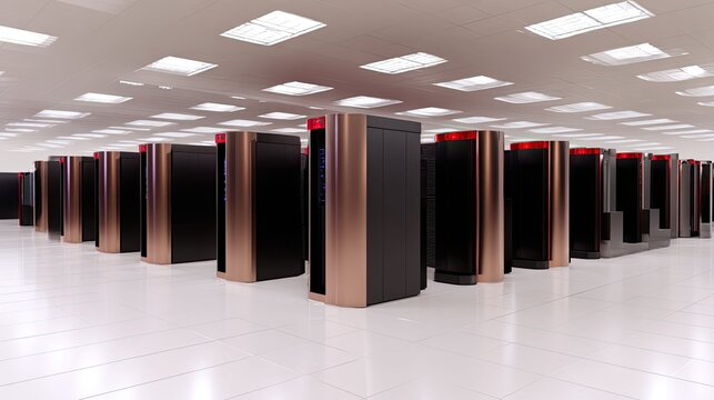 Powerful supercomputers lining a bright, white data center, symbolizing advanced technology, high performance computing, and global network infrastructure for businesses and cloud services