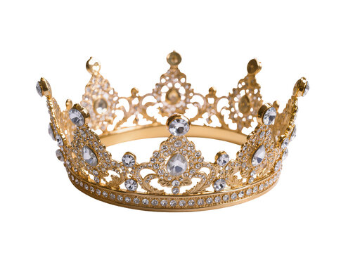 Isolated golden royal crown richly decorated with sparkling brilliant clear crystals.