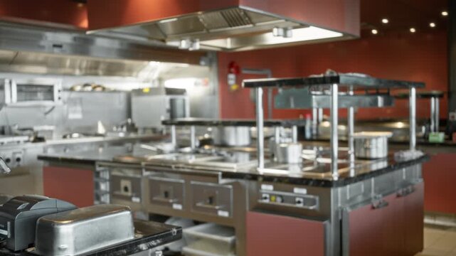 Commercial kitchen defocused background with soft bokeh interior; background backplate copyspace template.