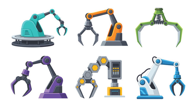 Industrial Robotic Arm Illustration Set with Automated Factory Claw Machines and Futuristic Robot Technology Designs.
