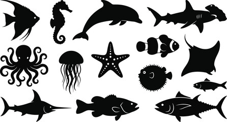 Black silhouettes of various sea creatures, including fish, shark, dolphin, octopus, jellyfish, starfish © Graphic Shops