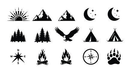 Outdoor Adventure Icons Set: Mountains, Moon, Forest, Eagle, Tent, Compass, Campfire, Paw Print, Sunrise Vector Graphics for Nature and Travel Themes © Farida