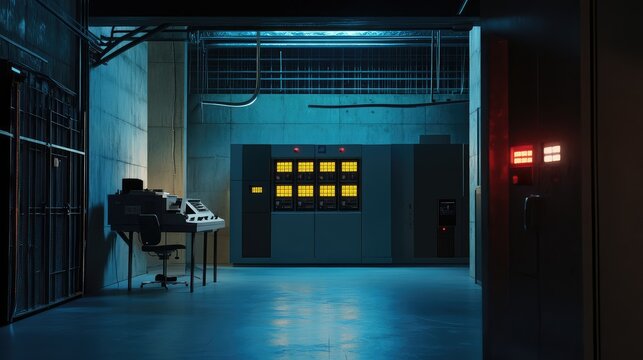 Server mainframe computers and an operator desk fill a secure, underground bunker, creating a scene of data processing and technological command in a vintage computing environment