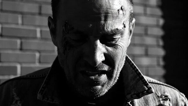 Injured Middle Aged Man with Facial Cuts and Staples in Denim Jacket Against Brick Wall
