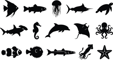 Black silhouettes of various sea creatures, including fish, on white background, ocean animals jellyfish © Graphic Shops