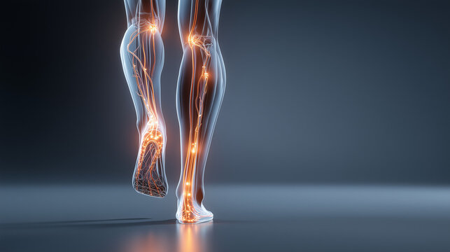 Transparent human legs with glowing nerves and circulation pathways, futuristic medical anatomy visualization for neurology, vascular health and pain treatment concepts.