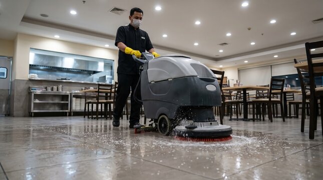 Worker in uniform and mask cleaning floor using scrubber machine in empty restaurant dining area with tables and chairs
