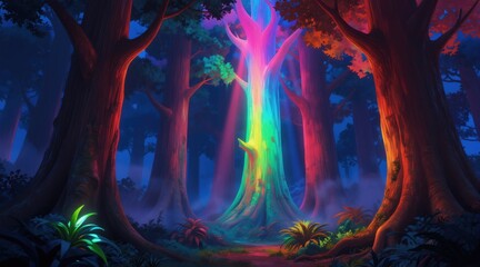 Fototapeta premium Magical forest with glowing psychedelic trees. Rainbow light beams shine through dark woods. Fantasy nature background with vibrant neon colors and exotic plants. Mystical surreal landscape.