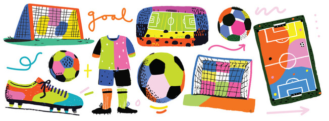 Obraz premium Colorful doodle soccer elements including ball, goal, field, and boots