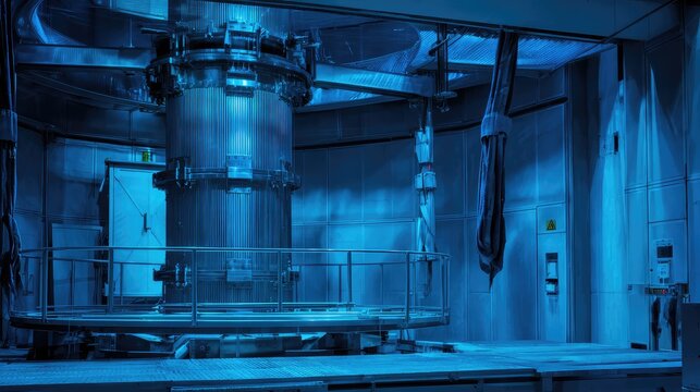 Large metallic structure for nuclear energy generation standing inside a futuristic containment building, representing advanced technology and scientific research in power production