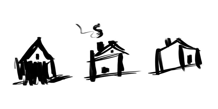 Collection of three hand drawn house sketches in ink