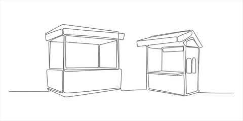 Two market stalls drawn with a single continuous line style showing small retail kiosks for outdoor street food or local crafts vendors in a simple art sketch Vector, illustration © Vector Art Gallery 
