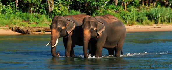 Fototapeta premium Two elephants walk in river water. Green trees and sandy bank behind them. Elephants are large wild animals in natural habitat. Water splashes around their legs.