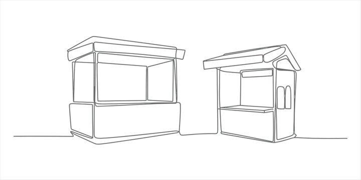 Two market stalls drawn with a single continuous line style showing small retail kiosks for outdoor street food or local crafts vendors in a simple art sketch Vector, illustration