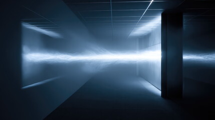 Fototapeta premium Intense blue light beam illuminating a dark, mysterious, and futuristic corridor, creating a dynamic sense of power and advanced technology within the abstract space