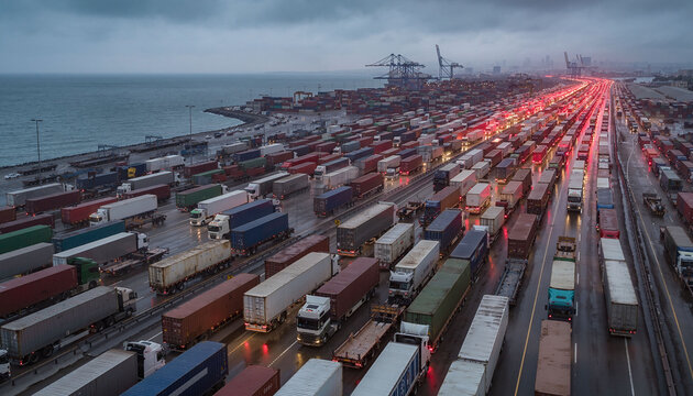 A vast queue of semitrucks at a coastal industrial port illustrates global commerce, logistics bottlenecks, and the sheer scale of international cargo transport under a moody, grey sky.