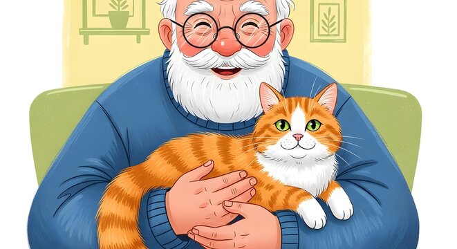 Joyful senior man with a warm smile affectionately cradling his beloved ginger tabby cat, depicting a heartwarming moment of pet ownership and companionship