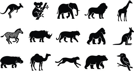 Obraz premium Black silhouettes of various wild animals, including mammals and a bird, on white background, animal silhouettes