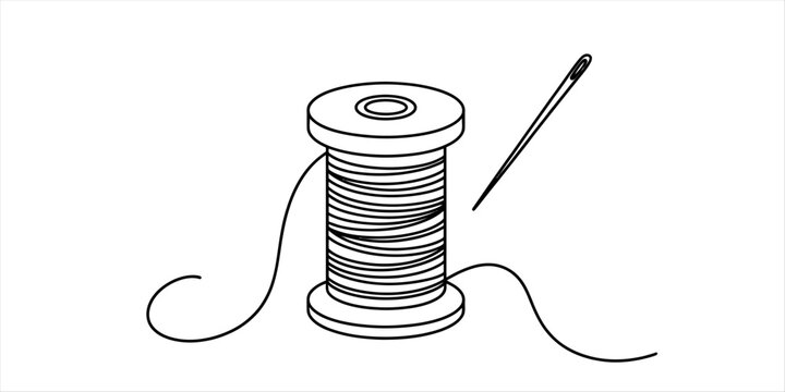 Black and white line art illustration of a wooden sewing thread spool with a sharp metal needle for tailoring projects and fabric repair craft activities Vector, illustration