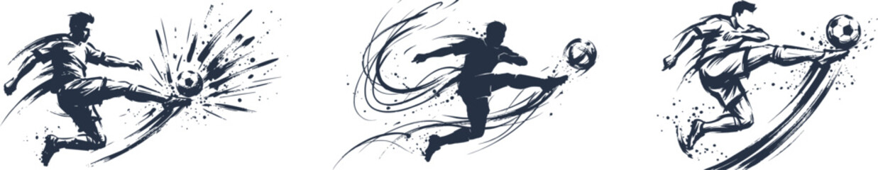 Grunge ink splatter silhouettes of soccer players kicking ball. Dynamic vector illustrations of football action with paint brush strokes. © FreelancerHasin