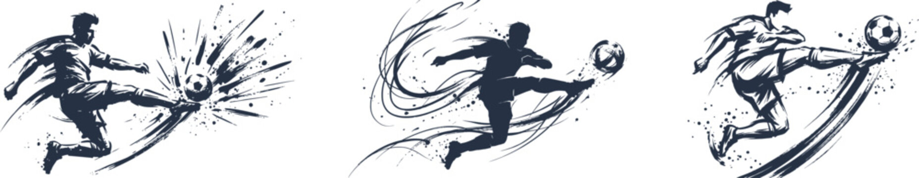Grunge ink splatter silhouettes of soccer players kicking ball. Dynamic vector illustrations of football action with paint brush strokes.