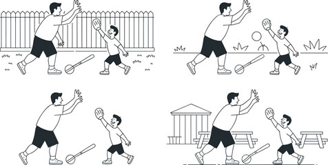 Fototapeta premium Father and Son Playing Baseball Outline Vector Illustration Set Featuring Catch and Throw Activities in Different Backyard Environments