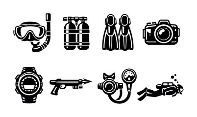 Collection of black and white icons representing scuba diving equipment and activities © Compositor 