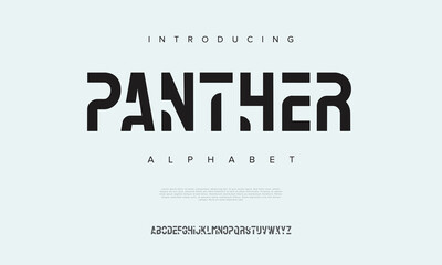 Panther, Modern minimal abstract alphabet fonts. Typography technology, electronic, movie, digital, music, future, logo creative font. vector illustration © Font Series