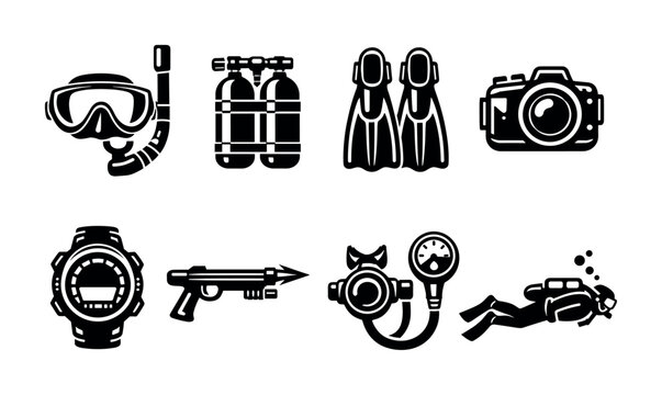Collection of black and white icons representing scuba diving equipment and activities