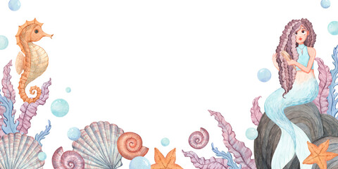 A watercolor frame featuring a mermaid and a seahorse © Anna Bastron