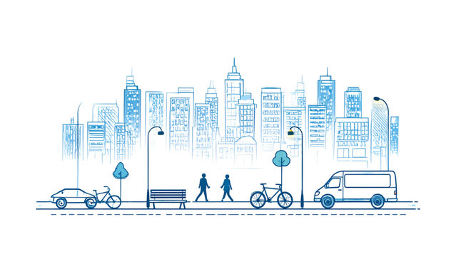 Line vector icons of city life: traffic icon, skyline silhouette, pedestrian walk, bike lane, urban bench, streetlight, delivery van, building front.