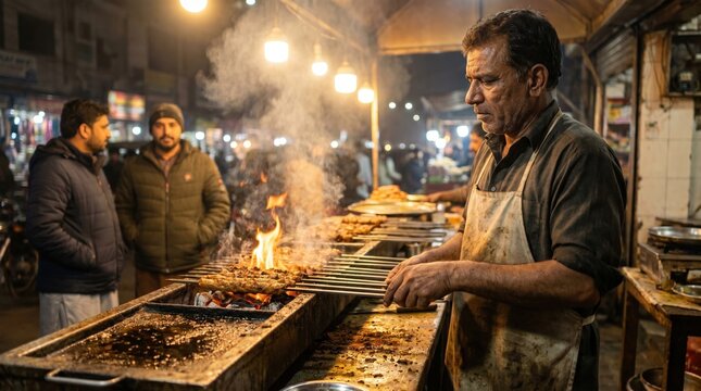 Street food vendor grilling meat on skewers at a pakistani market stall at night