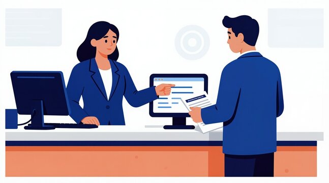 Bank employee explains data on computer screen to client holding contract. Person gets financial service assistance at counter, professional consultation at desk. Customer interaction with staff.